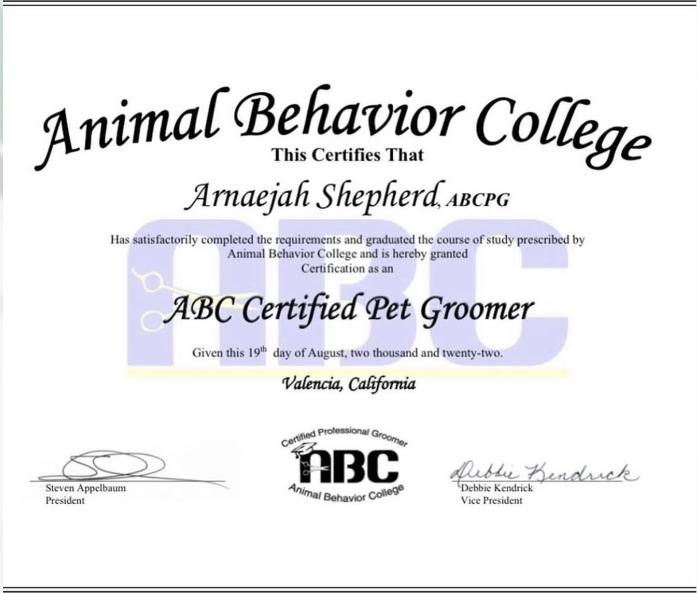 Animal Behavior College certificate naming Arnaejah Shepherd an ABC Certified Pet Groomer, dated August 19, 2022